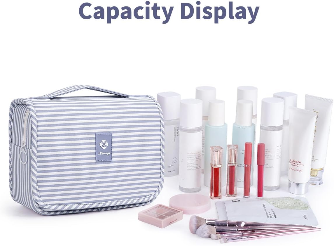 Small Hanging Toiletry Bag for Travel Women Girl, Striped Toiletries Travel Bag with Hook, Hanging Makeup Bag Organizer Make Up Cosmetic Bags, Gifts for Kids Teen (Mint Green Stripe)