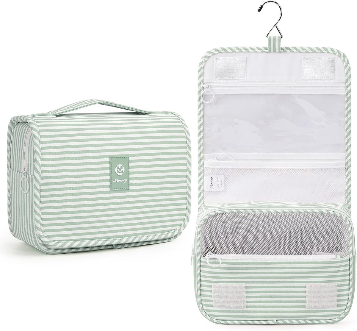 Small Hanging Toiletry Bag for Travel Women Girl, Striped Toiletries Travel Bag with Hook, Hanging Makeup Bag Organizer Make Up Cosmetic Bags, Gifts for Kids Teen (Mint Green Stripe)