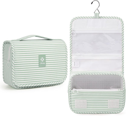 Small Hanging Toiletry Bag for Travel Women Girl, Striped Toiletries Travel Bag with Hook, Hanging Makeup Bag Organizer Make Up Cosmetic Bags, Gifts for Kids Teen (Mint Green Stripe)
