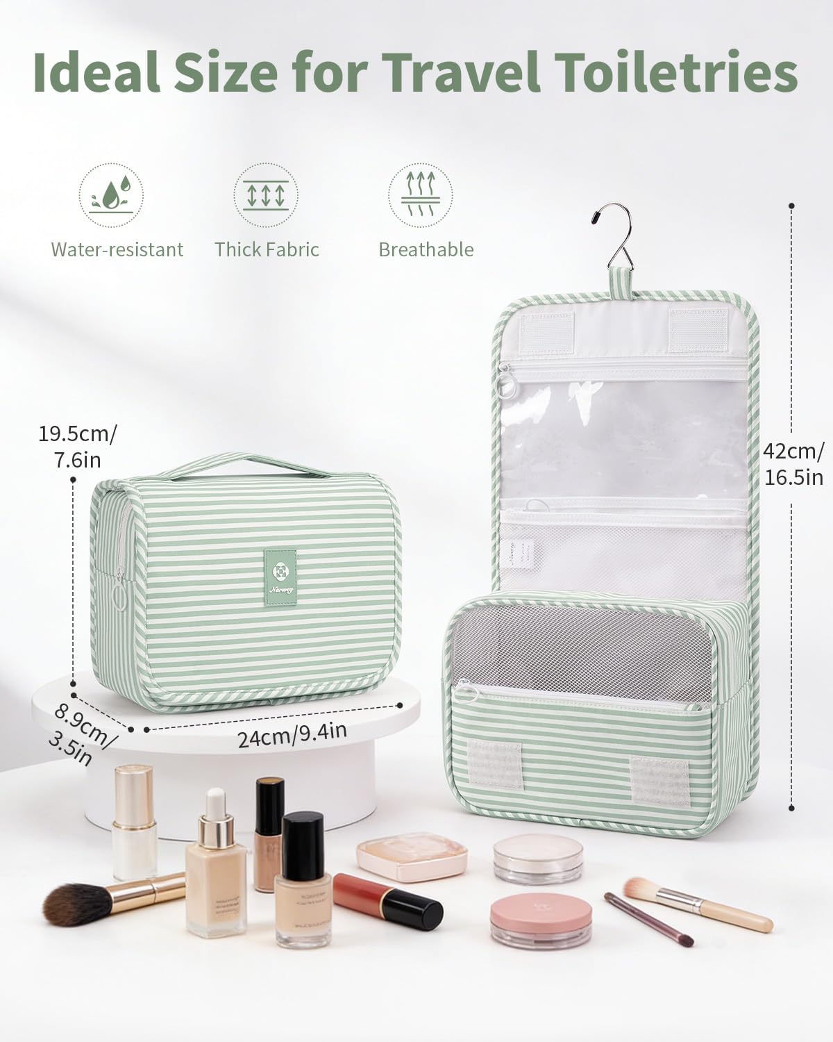 Small Hanging Toiletry Bag for Travel Women Girl, Striped Toiletries Travel Bag with Hook, Hanging Makeup Bag Organizer Make Up Cosmetic Bags, Gifts for Kids Teen (Mint Green Stripe)