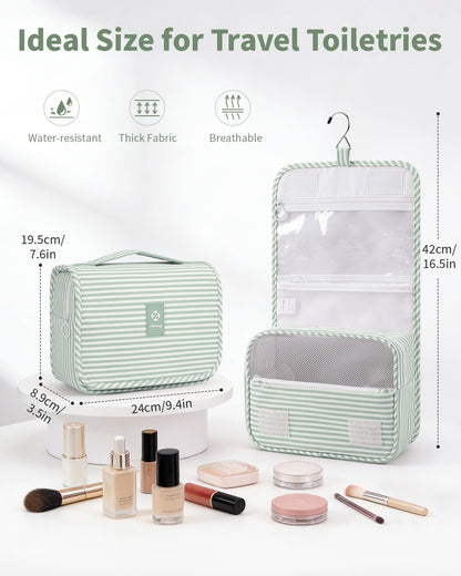 Small Hanging Toiletry Bag for Travel Women Girl, Striped Toiletries Travel Bag with Hook, Hanging Makeup Bag Organizer Make Up Cosmetic Bags, Gifts for Kids Teen (Mint Green Stripe)