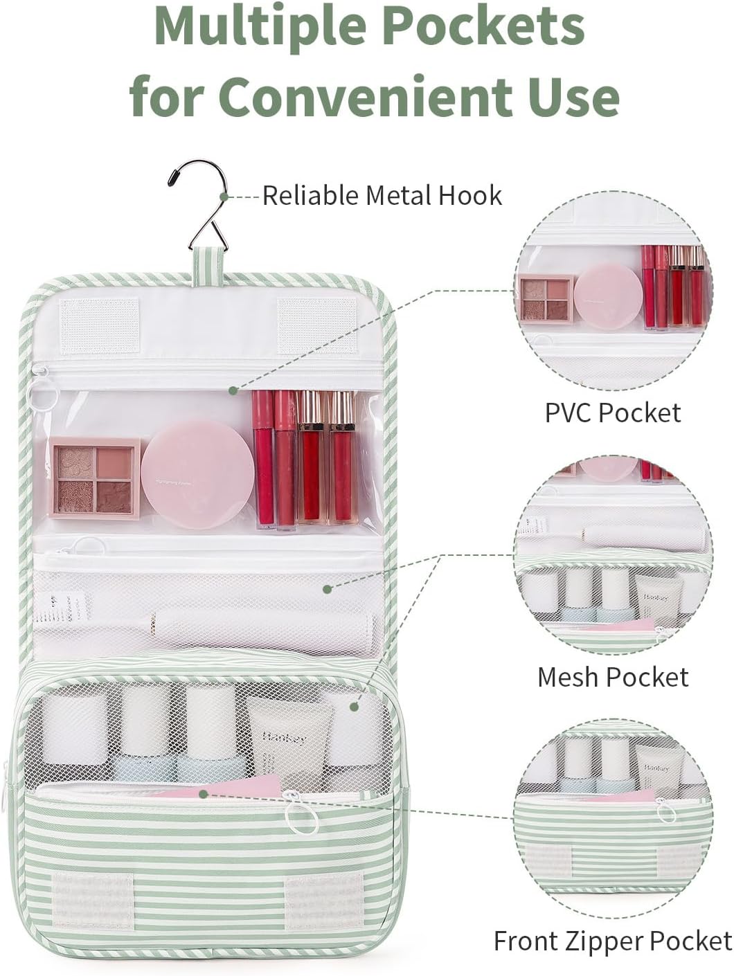 Small Hanging Toiletry Bag for Travel Women Girl, Striped Toiletries Travel Bag with Hook, Hanging Makeup Bag Organizer Make Up Cosmetic Bags, Gifts for Kids Teen (Mint Green Stripe)