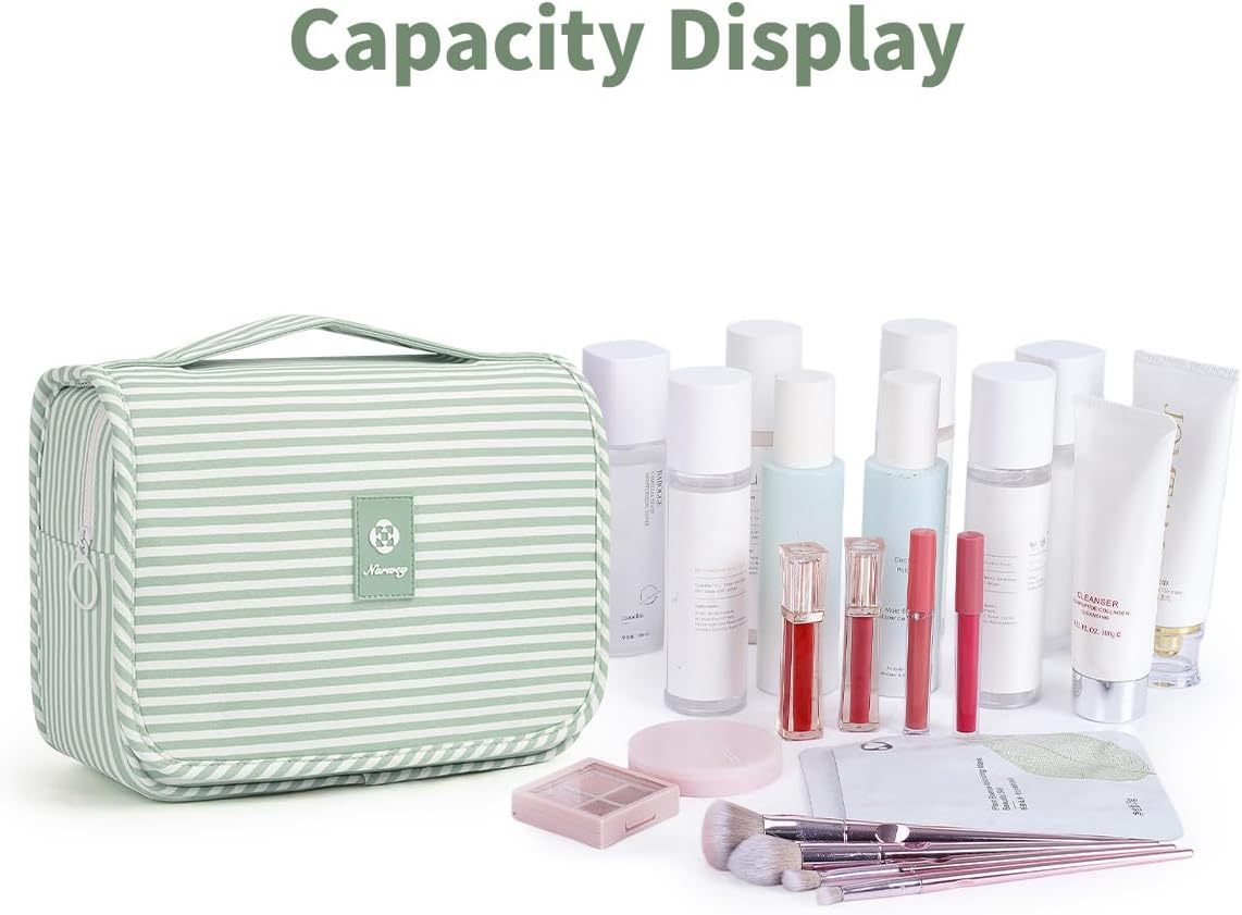 Small Hanging Toiletry Bag for Travel Women Girl, Striped Toiletries Travel Bag with Hook, Hanging Makeup Bag Organizer Make Up Cosmetic Bags, Gifts for Kids Teen (Mint Green Stripe)