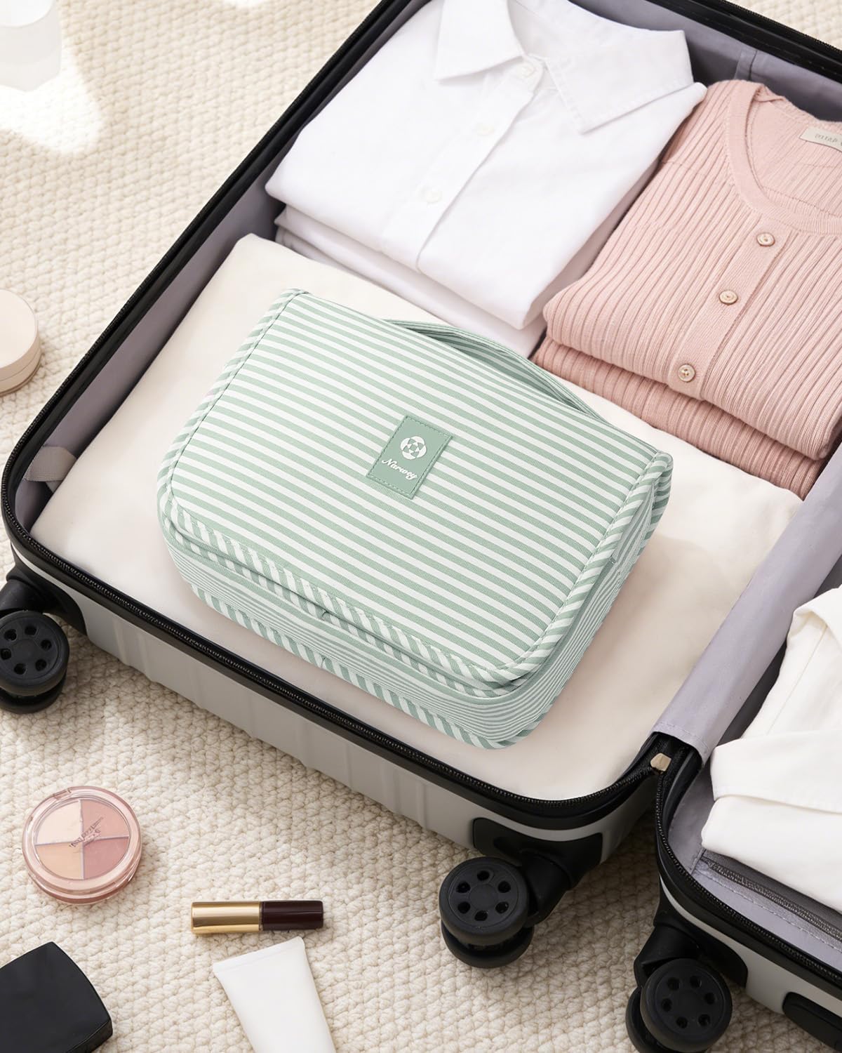 Small Hanging Toiletry Bag for Travel Women Girl, Striped Toiletries Travel Bag with Hook, Hanging Makeup Bag Organizer Make Up Cosmetic Bags, Gifts for Kids Teen (Mint Green Stripe)