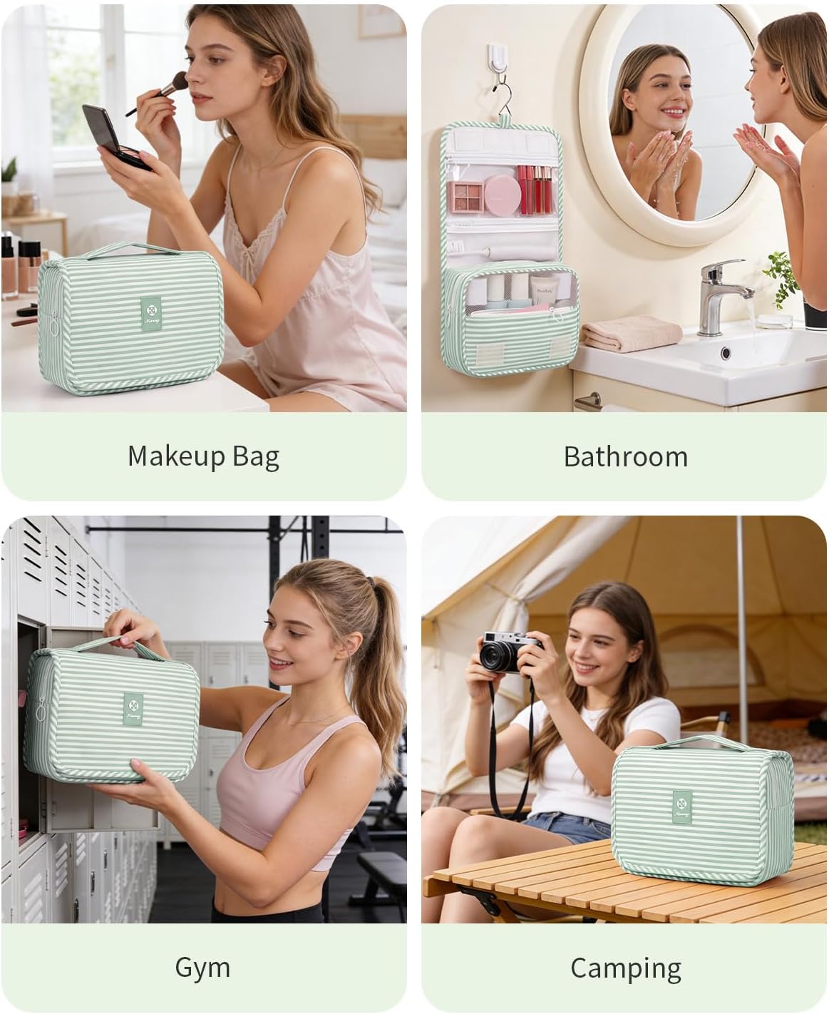 Small Hanging Toiletry Bag for Travel Women Girl, Striped Toiletries Travel Bag with Hook, Hanging Makeup Bag Organizer Make Up Cosmetic Bags, Gifts for Kids Teen (Mint Green Stripe)