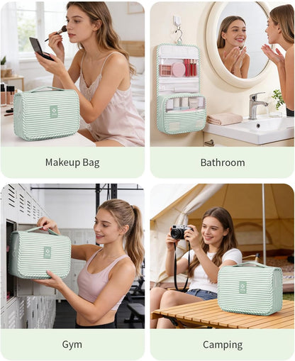 Small Hanging Toiletry Bag for Travel Women Girl, Striped Toiletries Travel Bag with Hook, Hanging Makeup Bag Organizer Make Up Cosmetic Bags, Gifts for Kids Teen (Mint Green Stripe)