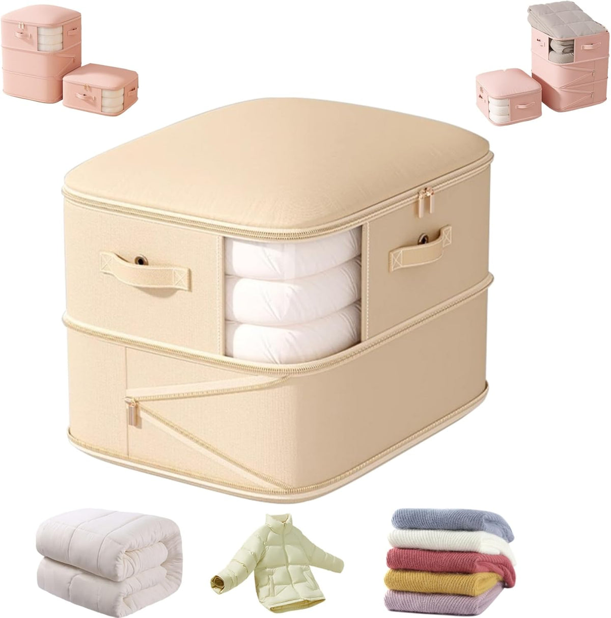 Ultra Space Saving Self Compression Organizers, Double Zipper Compression Packing Cubes for Bedding, Space Saving Roll Up Self Compression Organizer (Beige-2 Layers, 21.26 * 16.54 * 23.62 IN)