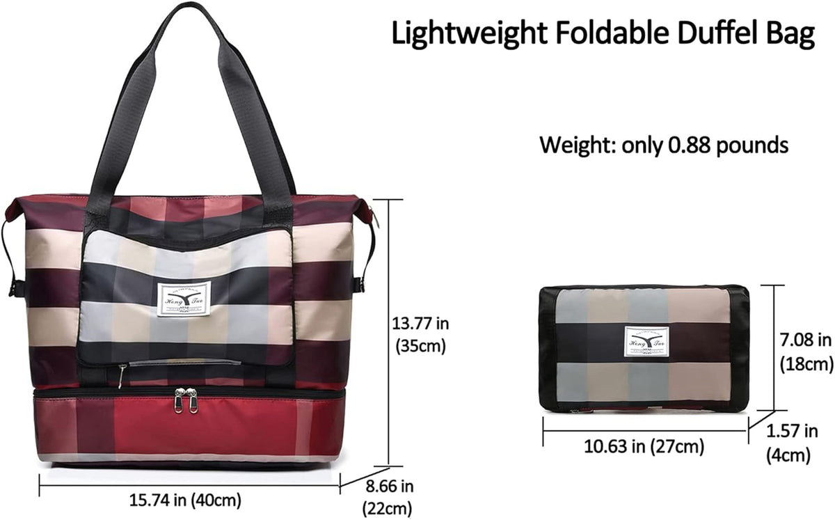 New Foldable Dry/Wet Separation Travel Duffel Bag with Shoe Compartment Large Capacity Folding Weekender Overnight Bag Lightweight Waterproof Gym Tote Bag (B-Black)
