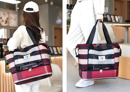 New Foldable Dry/Wet Separation Travel Duffel Bag with Shoe Compartment Large Capacity Folding Weekender Overnight Bag Lightweight Waterproof Gym Tote Bag (B-Black)
