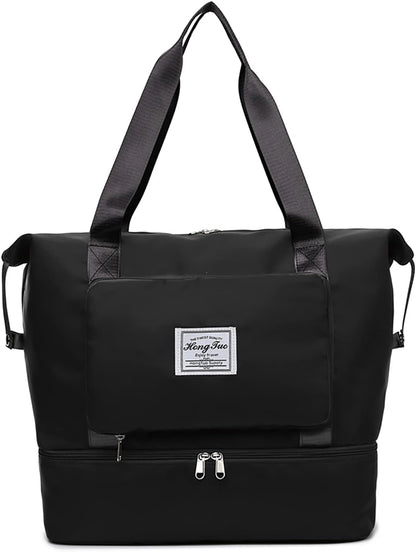 New Foldable Dry/Wet Separation Travel Duffel Bag with Shoe Compartment Large Capacity Folding Weekender Overnight Bag Lightweight Waterproof Gym Tote Bag (B-Black)
