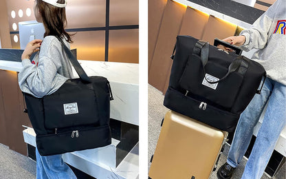 New Foldable Dry/Wet Separation Travel Duffel Bag with Shoe Compartment Large Capacity Folding Weekender Overnight Bag Lightweight Waterproof Gym Tote Bag (B-Black)