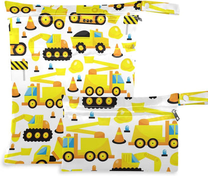 2 Pcs Wet Dry Bag Construction Trucks Waterproof Reusable Baby Cloth Diaper Wet Bags with 2 Zipper Pockets for Breast Pump Parts Travel Beach Pool Gym Yoga Swimsuits Wet Clothes