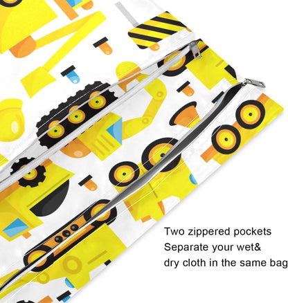 2 Pcs Wet Dry Bag Construction Trucks Waterproof Reusable Baby Cloth Diaper Wet Bags with 2 Zipper Pockets for Breast Pump Parts Travel Beach Pool Gym Yoga Swimsuits Wet Clothes