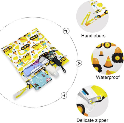 2 Pcs Wet Dry Bag Construction Trucks Waterproof Reusable Baby Cloth Diaper Wet Bags with 2 Zipper Pockets for Breast Pump Parts Travel Beach Pool Gym Yoga Swimsuits Wet Clothes