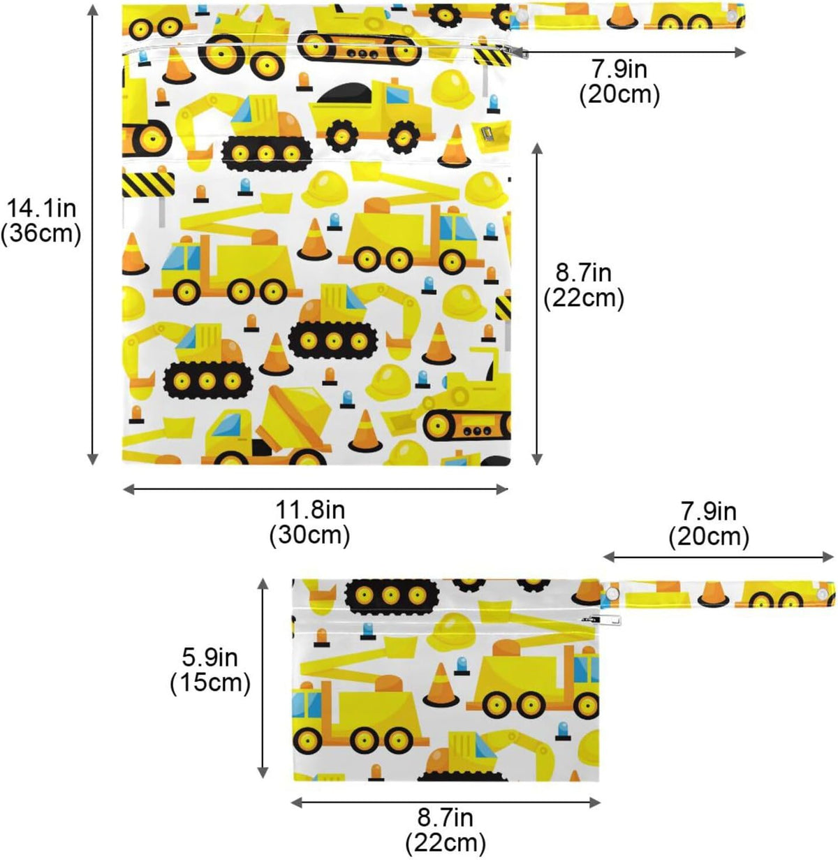 2 Pcs Wet Dry Bag Construction Trucks Waterproof Reusable Baby Cloth Diaper Wet Bags with 2 Zipper Pockets for Breast Pump Parts Travel Beach Pool Gym Yoga Swimsuits Wet Clothes
