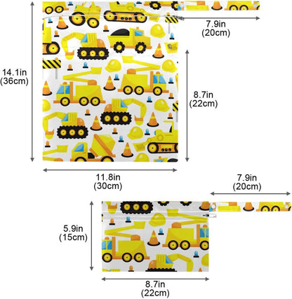 2 Pcs Wet Dry Bag Construction Trucks Waterproof Reusable Baby Cloth Diaper Wet Bags with 2 Zipper Pockets for Breast Pump Parts Travel Beach Pool Gym Yoga Swimsuits Wet Clothes