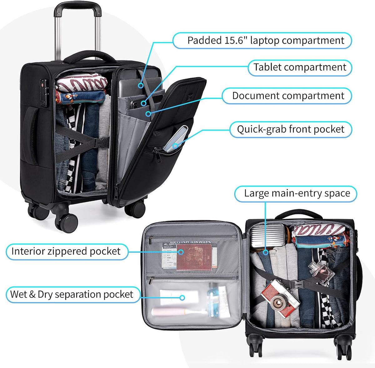 16 Inch Carry On Luggage with Tote Bag Luggage Sets Airline Approved TSA Lock Puffer Quilted Suitcases with Spinner Wheels Lightweight Soft Travel Luggage (Grey)