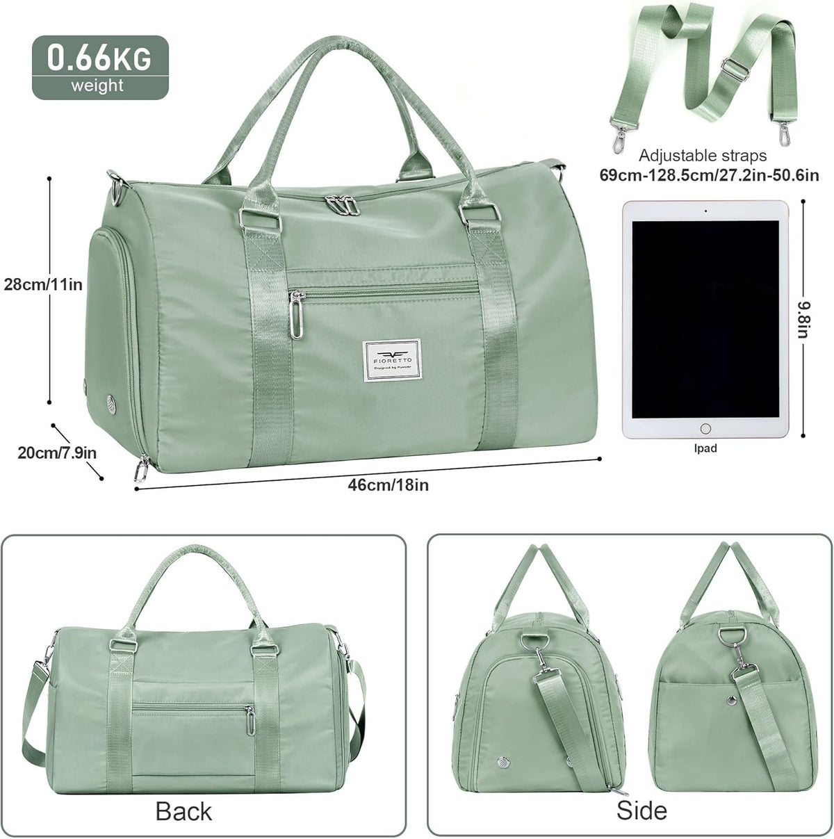 Womens Gym Tote Duffle Bag with Wet Pocket & Shoe Compartment, Sports Duffel Overnight Weekender Hospital Workout Carry on Bag for Girls, Ideal for Travel, Swimming, Dance, Ballet Celadon