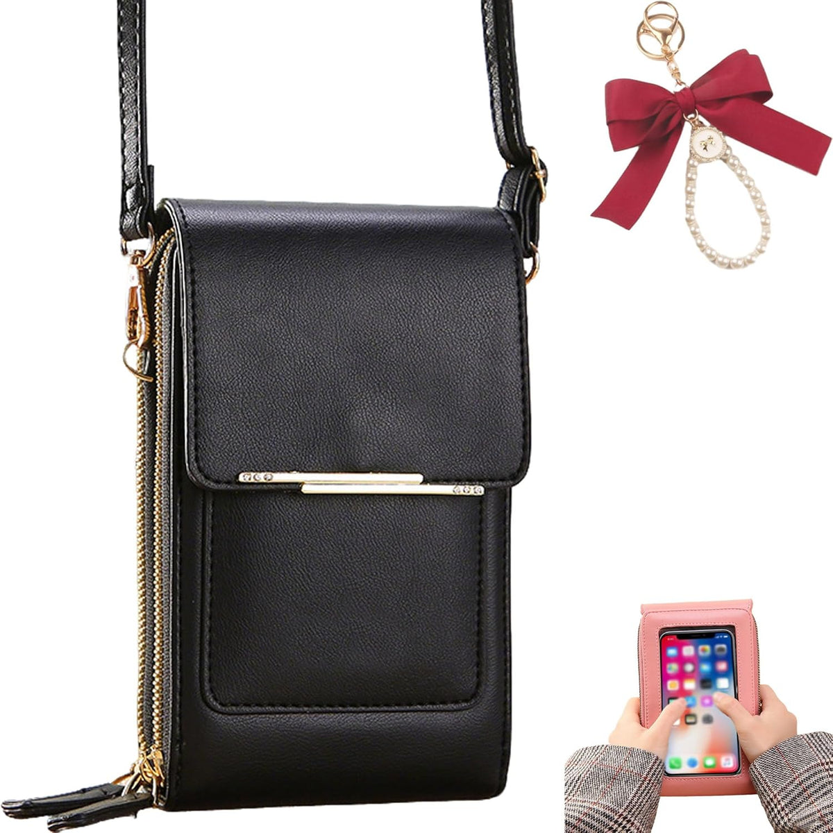 Touch Screen Phone Crossbody Bag, Anti Theft Leather Phone Purse, Adjustable Shoulder Straps Waterproof PU Wallet