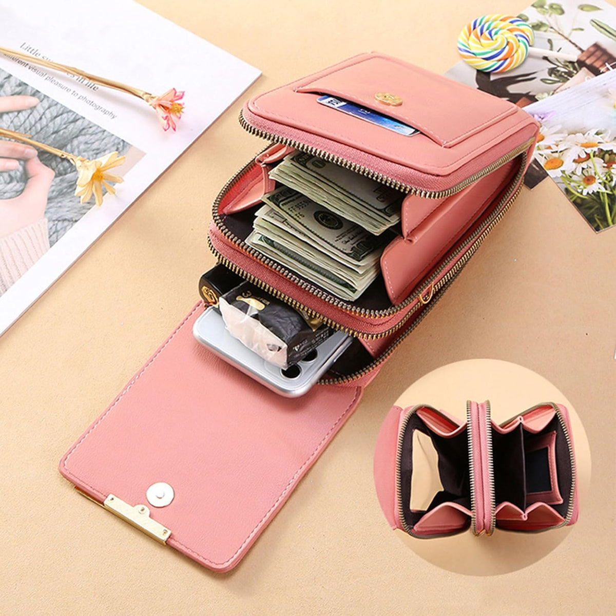 Touch Screen Phone Crossbody Bag, Anti Theft Leather Phone Purse, Adjustable Shoulder Straps Waterproof PU Wallet