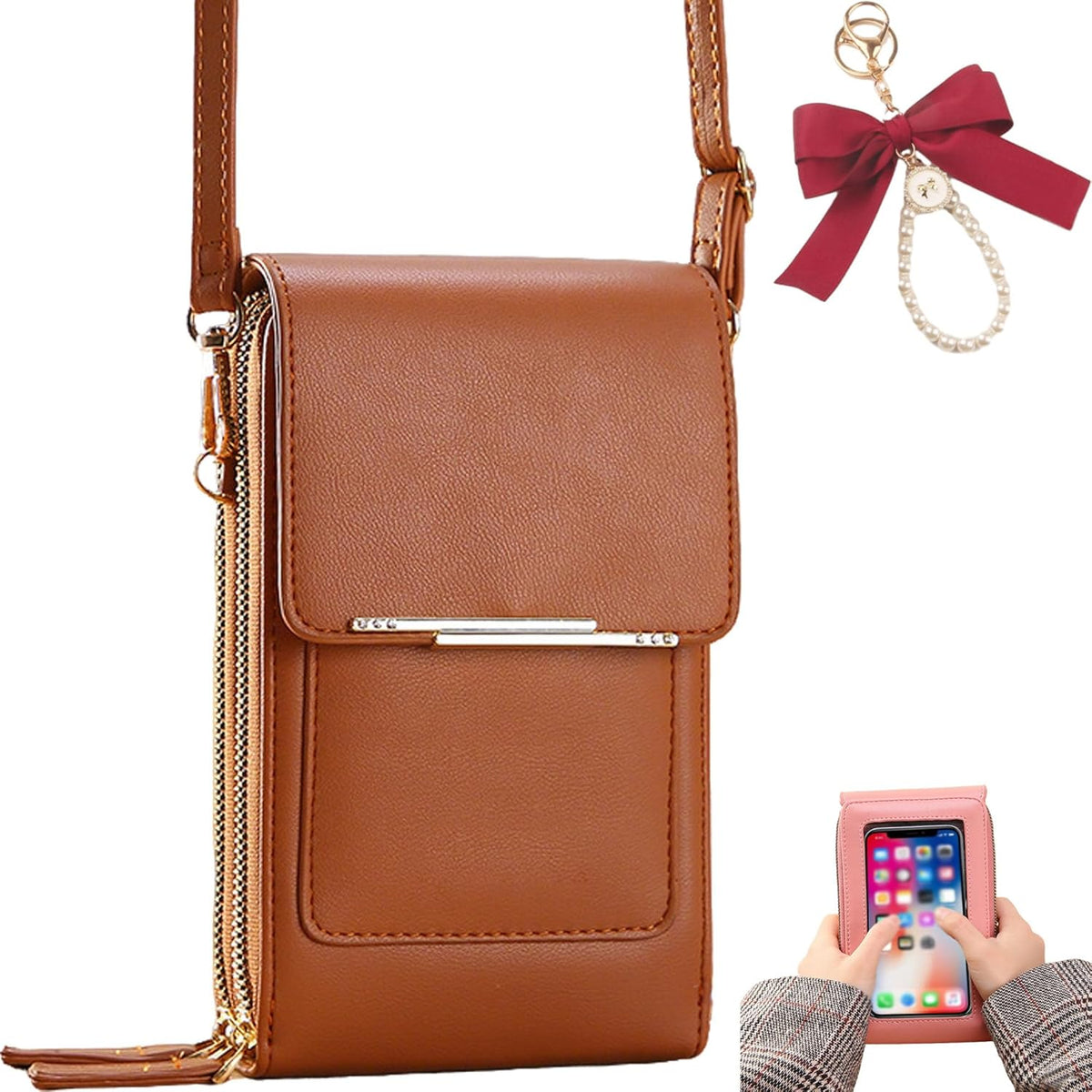 Touch Screen Phone Crossbody Bag, Anti Theft Leather Phone Purse, Adjustable Shoulder Straps Waterproof PU Wallet