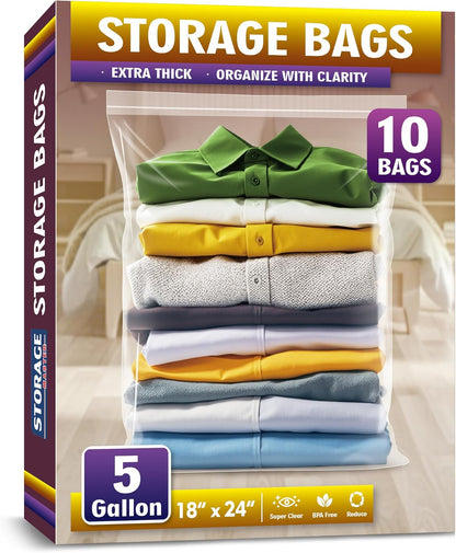 Extra Large 5 Gallon Zippered Plastic Bags for Storage | 16'' x 18'', Ideal for Clothes Clothing, Travel, Moving, 4-mil Thick Clear Plastic, Waterproof, 15 pack
