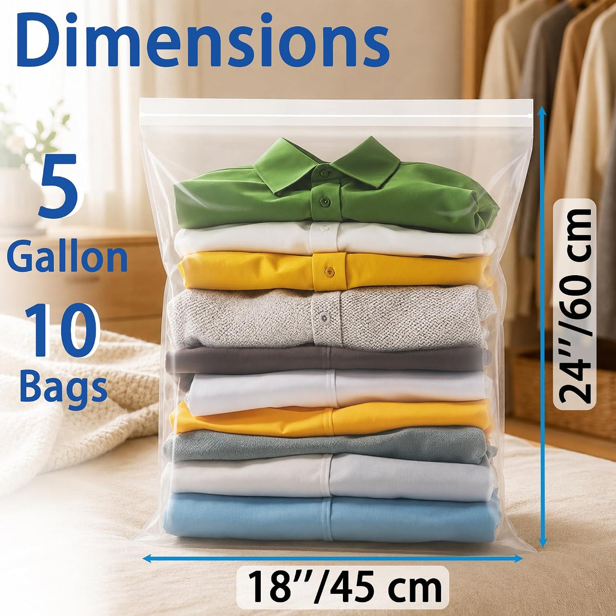 Extra Large 5 Gallon Zippered Plastic Bags for Storage | 16'' x 18'', Ideal for Clothes Clothing, Travel, Moving, 4-mil Thick Clear Plastic, Waterproof, 15 pack