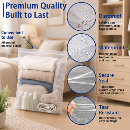 Extra Large 5 Gallon Zippered Plastic Bags for Storage | 16'' x 18'', Ideal for Clothes Clothing, Travel, Moving, 4-mil Thick Clear Plastic, Waterproof, 15 pack