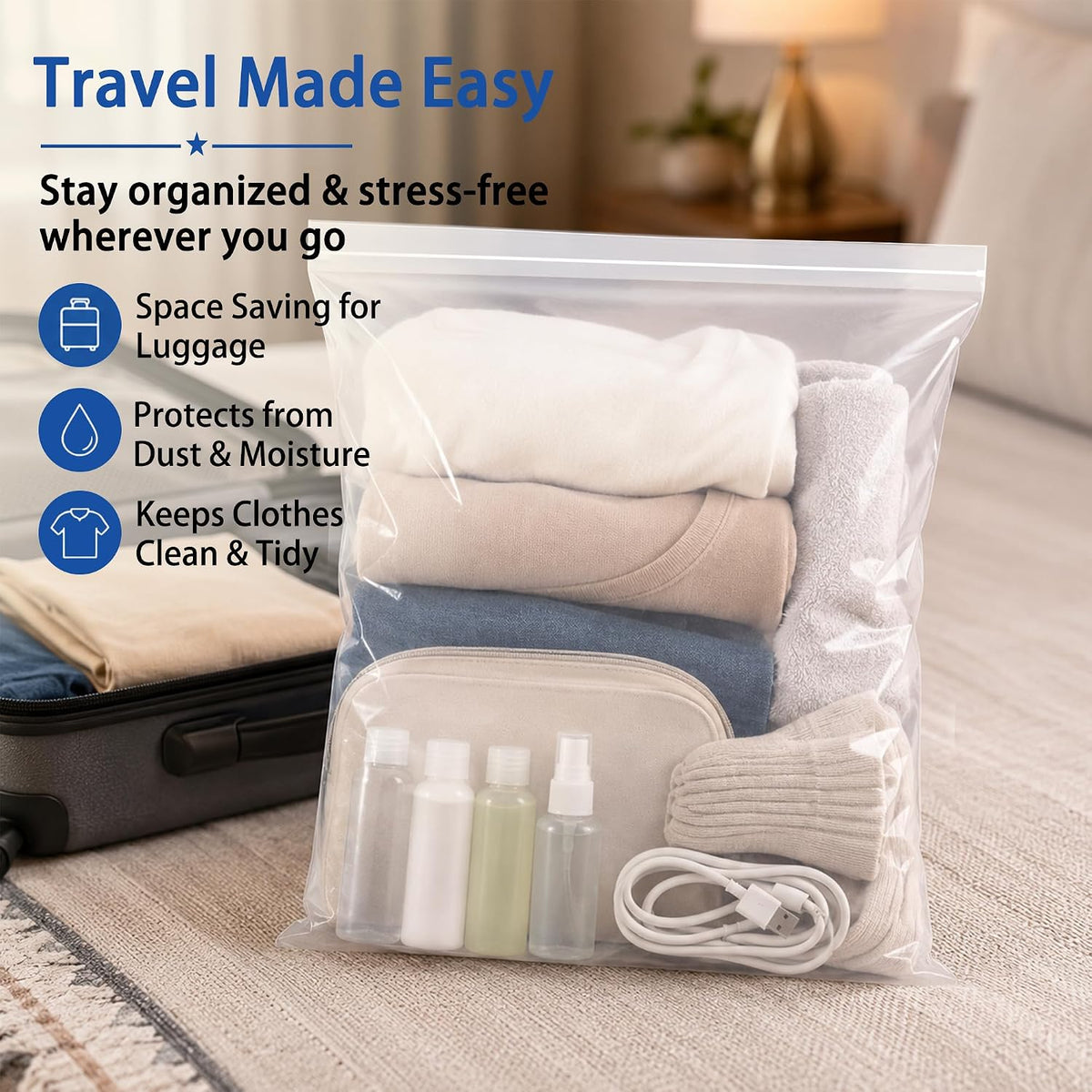 Extra Large 5 Gallon Zippered Plastic Bags for Storage | 16'' x 18'', Ideal for Clothes Clothing, Travel, Moving, 4-mil Thick Clear Plastic, Waterproof, 15 pack