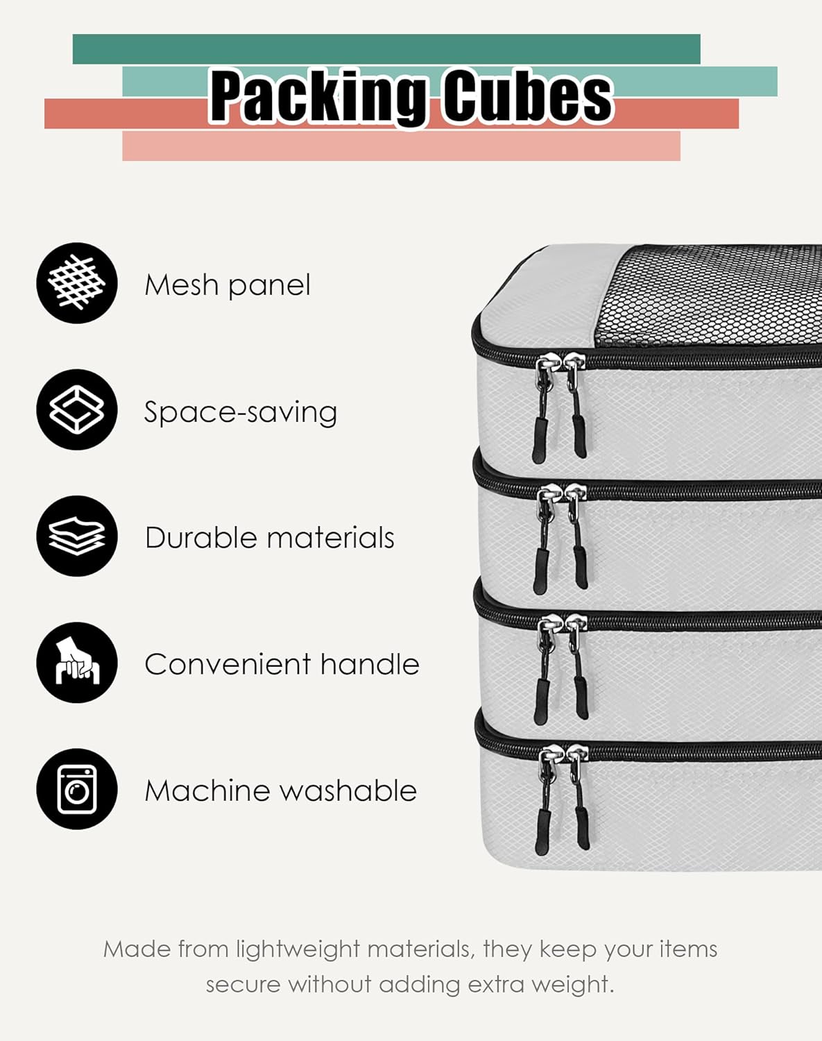 4-Piece Packing Cubes Travel Accessories Set for Suitcases - Luggage Organizer Bags with Double Zipper - Mesh Top - Small/Medium/Large/Slim - Grey