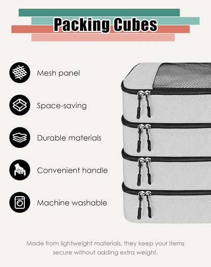 4-Piece Packing Cubes Travel Accessories Set for Suitcases - Luggage Organizer Bags with Double Zipper - Mesh Top - Small/Medium/Large/Slim - Grey