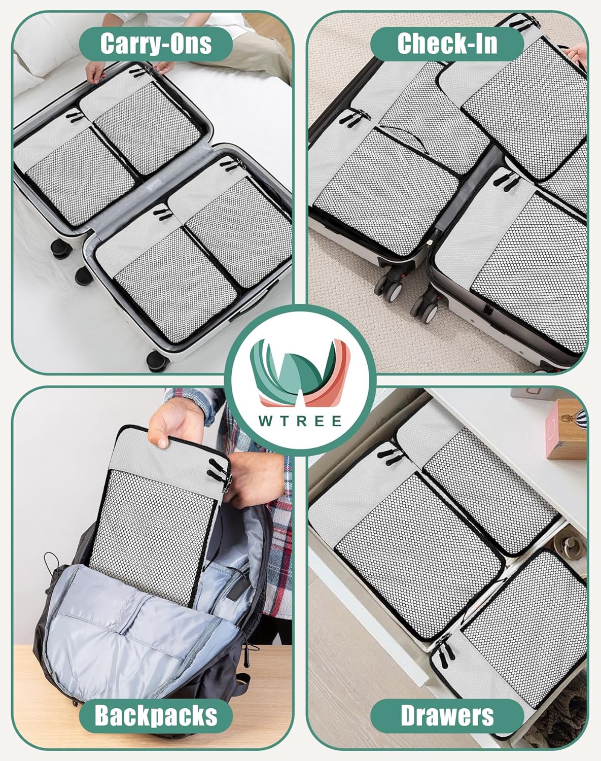 4-Piece Packing Cubes Travel Accessories Set for Suitcases - Luggage Organizer Bags with Double Zipper - Mesh Top - Small/Medium/Large/Slim - Grey