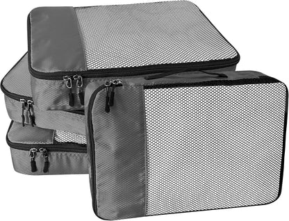 4-Piece Packing Cubes Travel Accessories Set for Suitcases - Luggage Organizer Bags with Double Zipper - Mesh Top - Small/Medium/Large/Slim - Grey