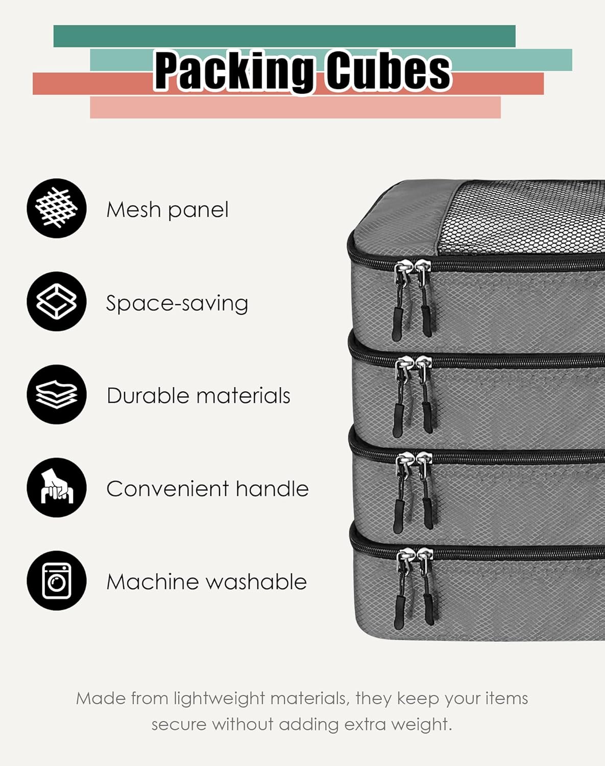 4-Piece Packing Cubes Travel Accessories Set for Suitcases - Luggage Organizer Bags with Double Zipper - Mesh Top - Small/Medium/Large/Slim - Grey