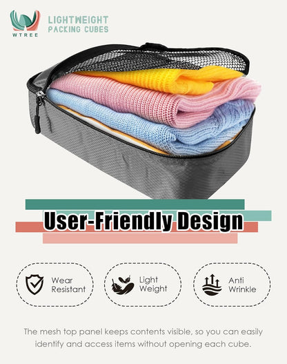 4-Piece Packing Cubes Travel Accessories Set for Suitcases - Luggage Organizer Bags with Double Zipper - Mesh Top - Small/Medium/Large/Slim - Grey