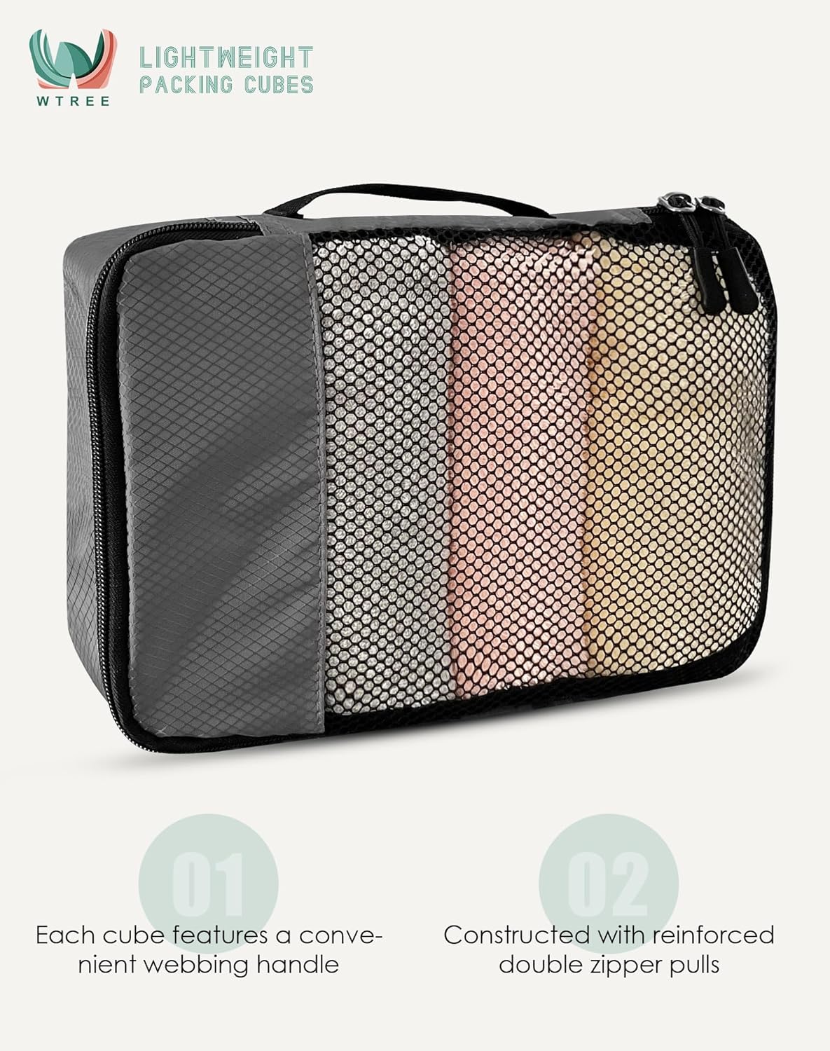 4-Piece Packing Cubes Travel Accessories Set for Suitcases - Luggage Organizer Bags with Double Zipper - Mesh Top - Small/Medium/Large/Slim - Grey