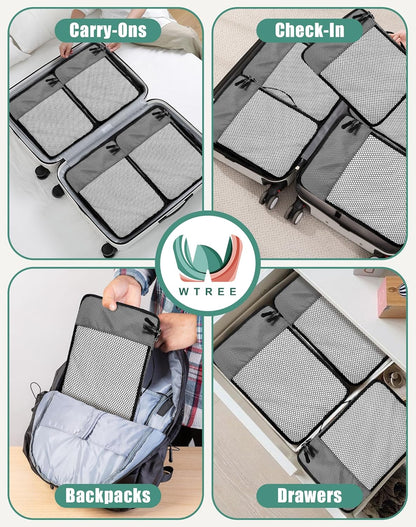 4-Piece Packing Cubes Travel Accessories Set for Suitcases - Luggage Organizer Bags with Double Zipper - Mesh Top - Small/Medium/Large/Slim - Grey