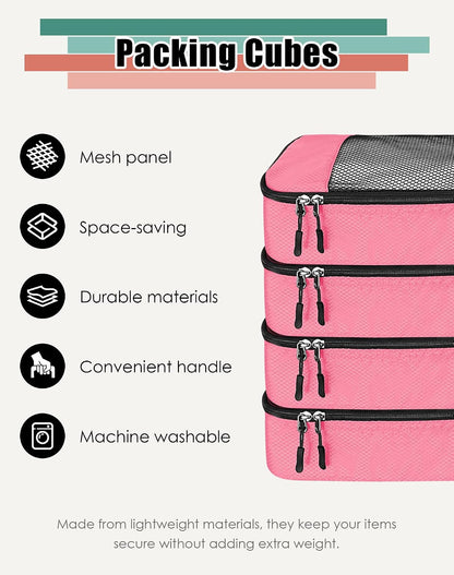 4-Piece Packing Cubes Travel Accessories Set for Suitcases - Luggage Organizer Bags with Double Zipper - Mesh Top - Small/Medium/Large/Slim - Grey