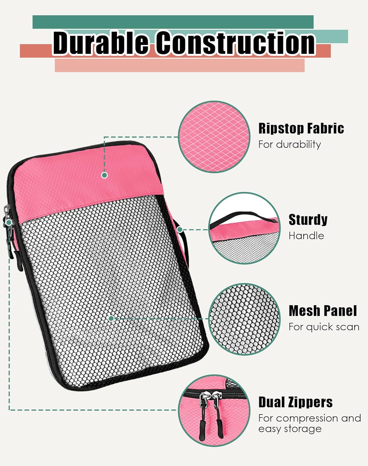 4-Piece Packing Cubes Travel Accessories Set for Suitcases - Luggage Organizer Bags with Double Zipper - Mesh Top - Small/Medium/Large/Slim - Grey