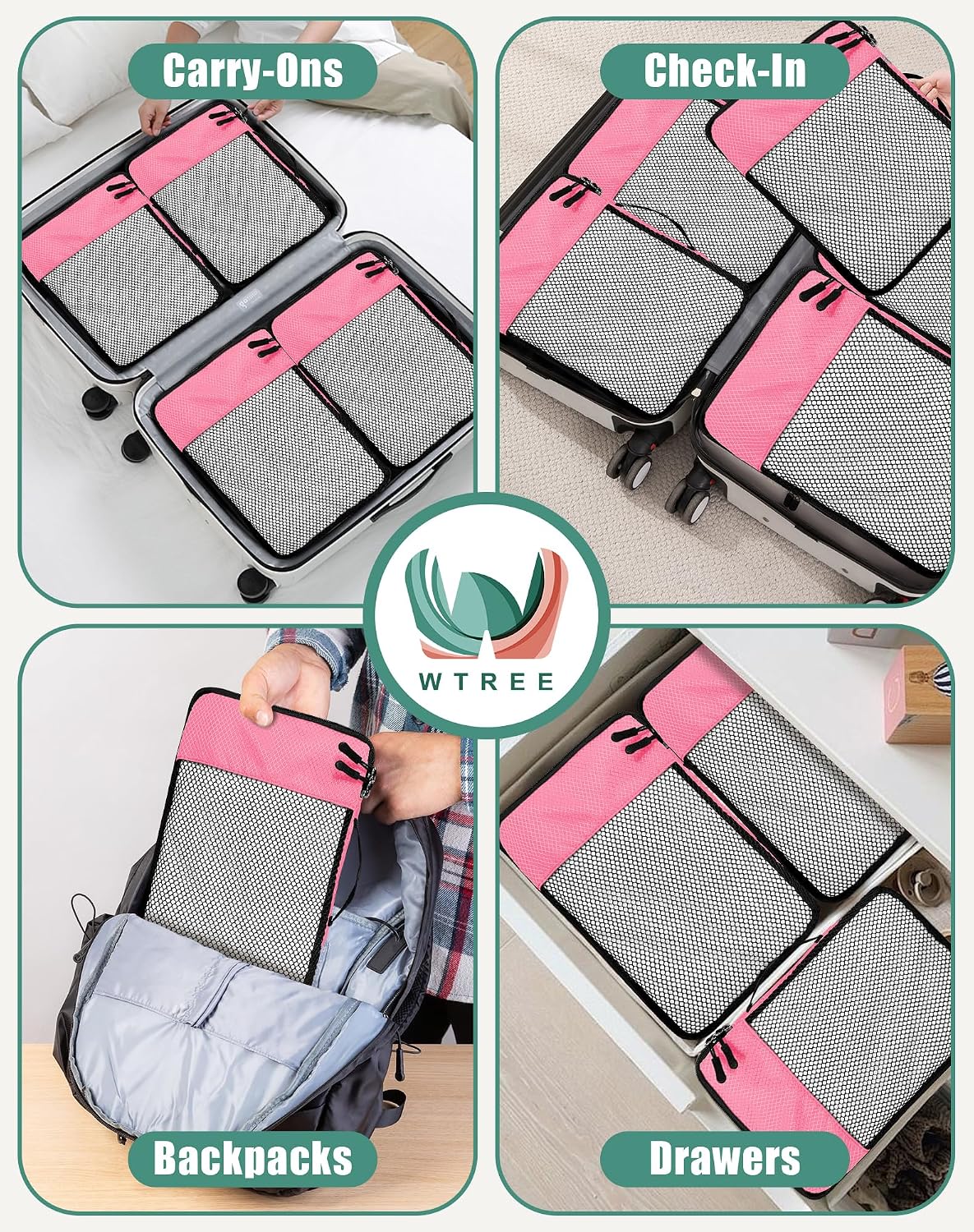4-Piece Packing Cubes Travel Accessories Set for Suitcases - Luggage Organizer Bags with Double Zipper - Mesh Top - Small/Medium/Large/Slim - Grey