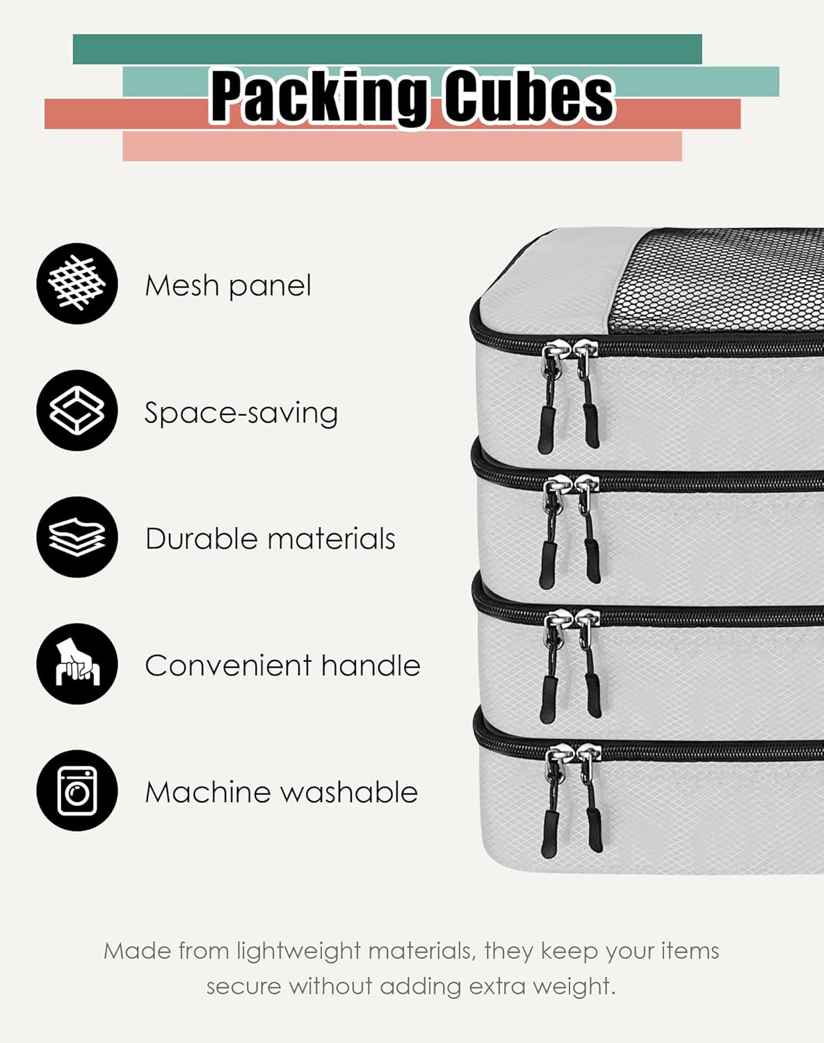 4-Piece Packing Cubes Travel Accessories Set for Suitcases - Luggage Organizer Bags with Double Zipper - Mesh Top - Small/Medium/Large/Slim - Grey