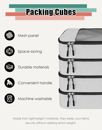 4-Piece Packing Cubes Travel Accessories Set for Suitcases - Luggage Organizer Bags with Double Zipper - Mesh Top - Small/Medium/Large/Slim - Grey