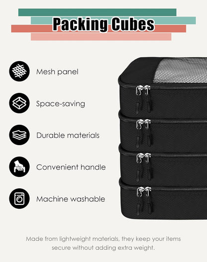 4-Piece Packing Cubes Travel Accessories Set for Suitcases - Luggage Organizer Bags with Double Zipper - Mesh Top - Small/Medium/Large/Slim - Grey