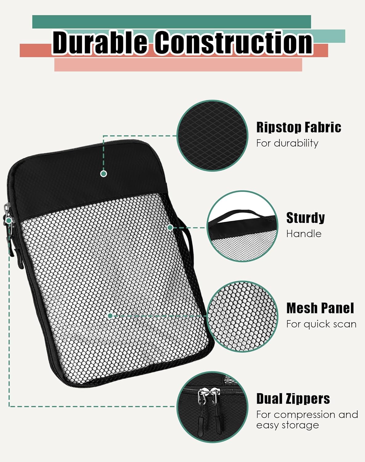 4-Piece Packing Cubes Travel Accessories Set for Suitcases - Luggage Organizer Bags with Double Zipper - Mesh Top - Small/Medium/Large/Slim - Grey