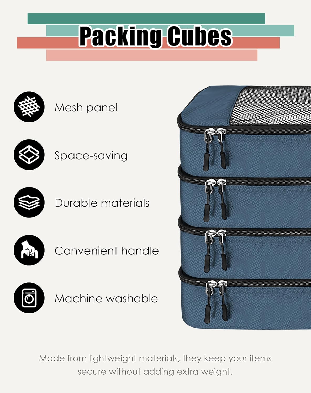 4-Piece Packing Cubes Travel Accessories Set for Suitcases - Luggage Organizer Bags with Double Zipper - Mesh Top - Small/Medium/Large/Slim - Grey