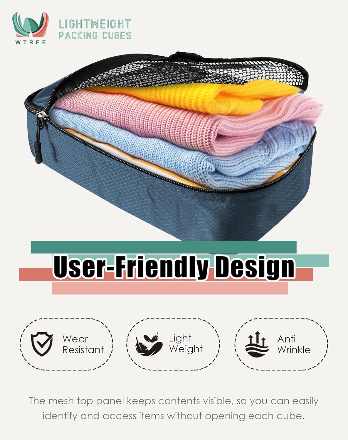 4-Piece Packing Cubes Travel Accessories Set for Suitcases - Luggage Organizer Bags with Double Zipper - Mesh Top - Small/Medium/Large/Slim - Grey