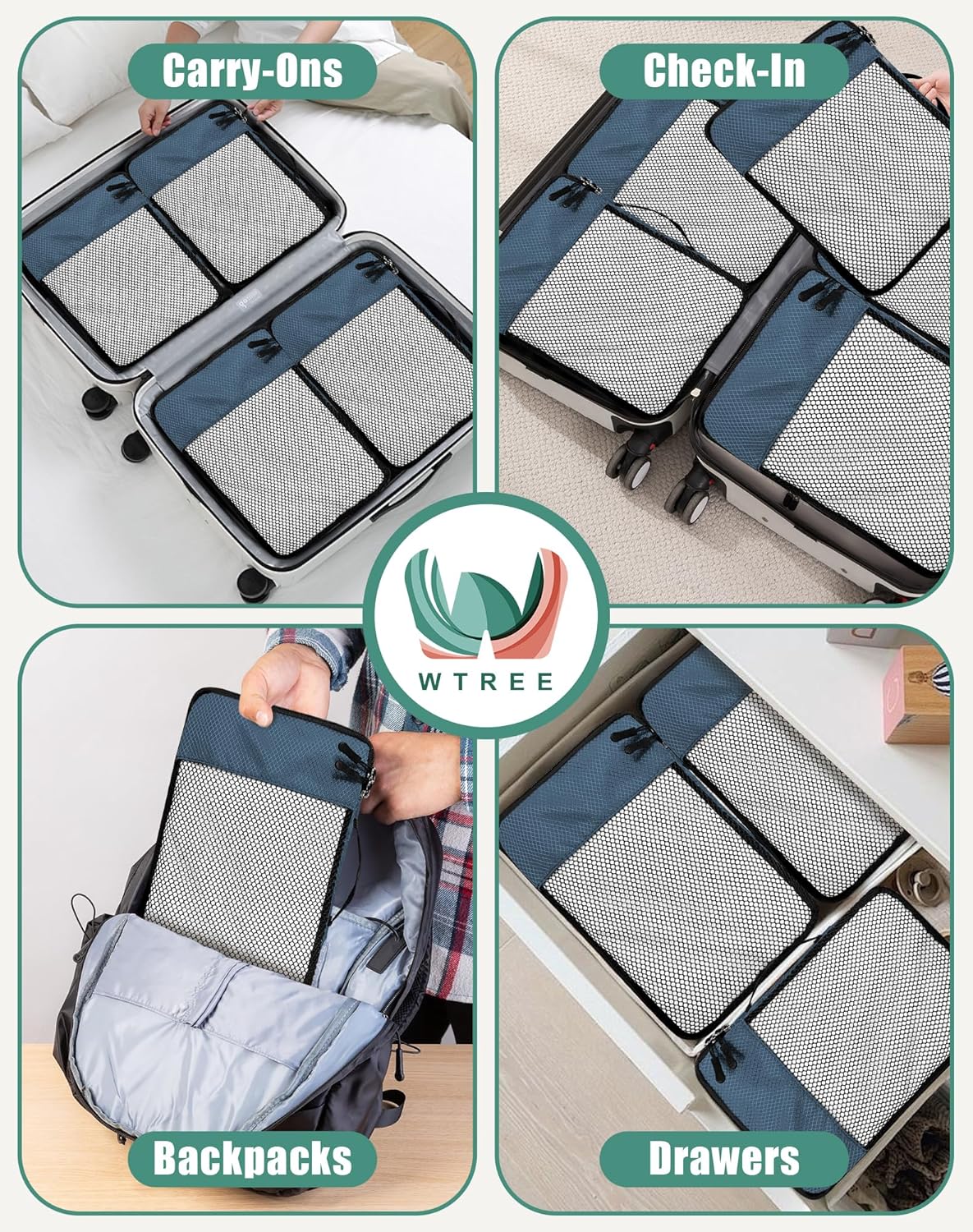 4-Piece Packing Cubes Travel Accessories Set for Suitcases - Luggage Organizer Bags with Double Zipper - Mesh Top - Small/Medium/Large/Slim - Grey