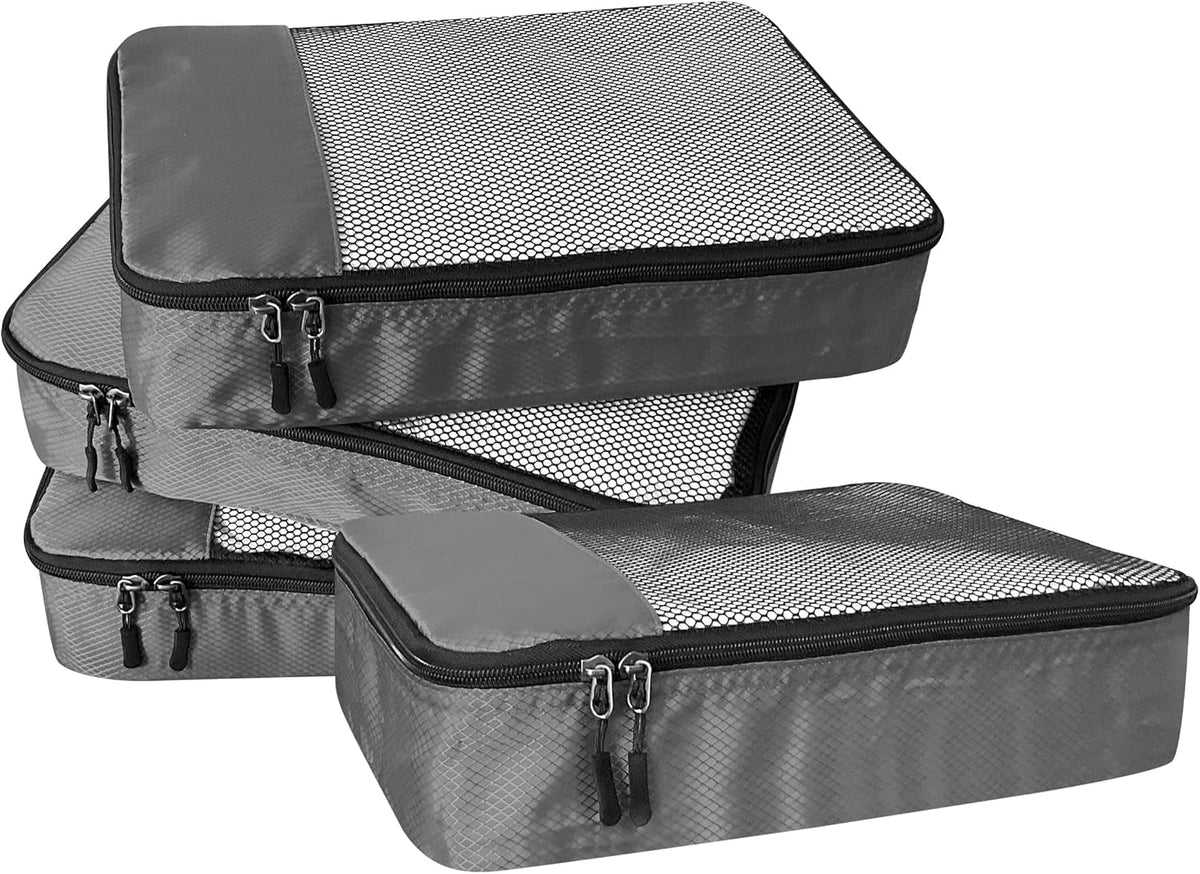 4-Piece Packing Cubes Travel Accessories Set for Suitcases - Luggage Organizer Bags with Double Zipper - Mesh Top - Small/Medium/Large/Slim - Grey