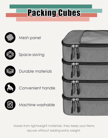 4-Piece Packing Cubes Travel Accessories Set for Suitcases - Luggage Organizer Bags with Double Zipper - Mesh Top - Small/Medium/Large/Slim - Grey