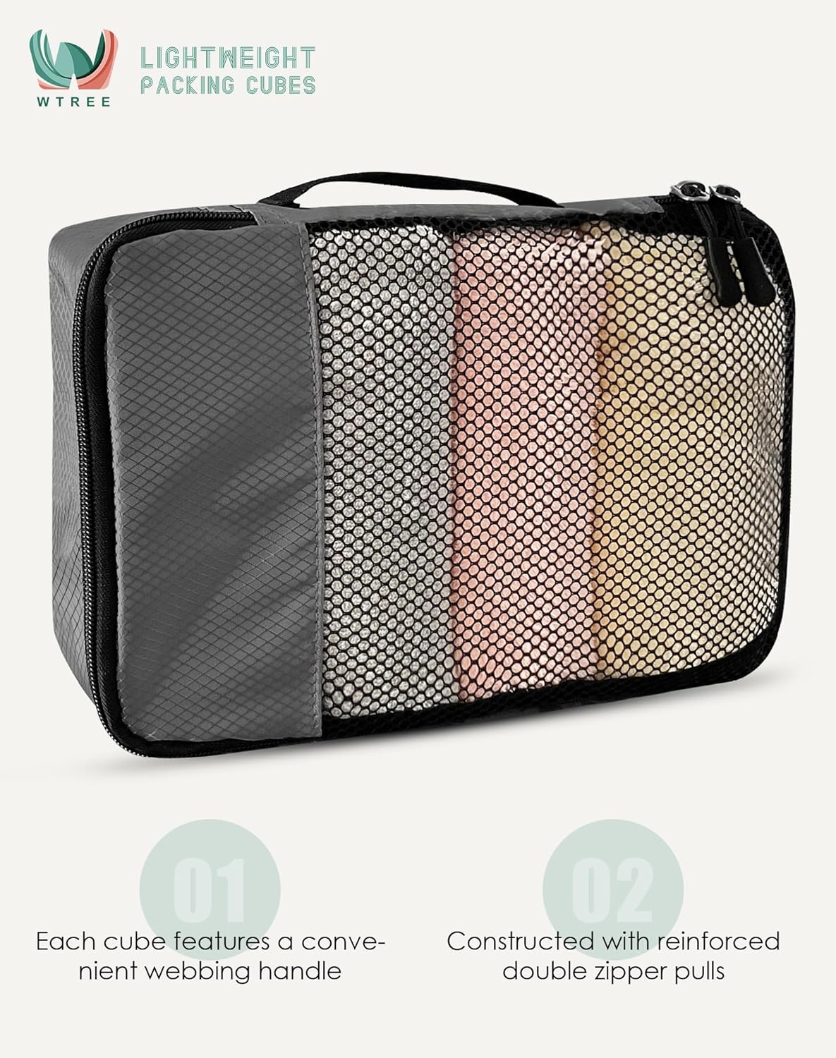 4-Piece Packing Cubes Travel Accessories Set for Suitcases - Luggage Organizer Bags with Double Zipper - Mesh Top - Small/Medium/Large/Slim - Grey
